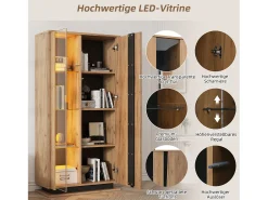 Merax Vitrine moderna para sala de estar - 80 x 35 x 160 cm - com 8 prateleiras + 2 portas de acrílico + LEDs - aglomerado - cor natural^ Vitrina