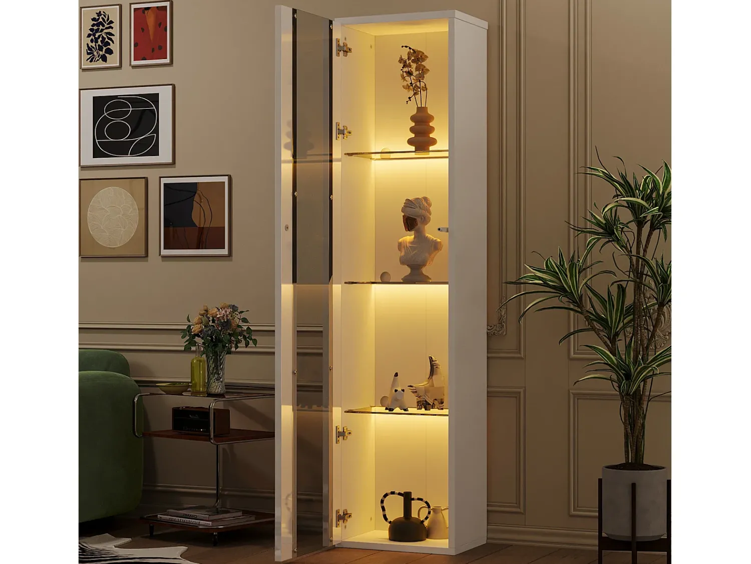 Merax Vitrine multifuncional - 40 x 29 x 170 cm - com porta de vidro + LEDs - PB + Vidro -^ Vitrina