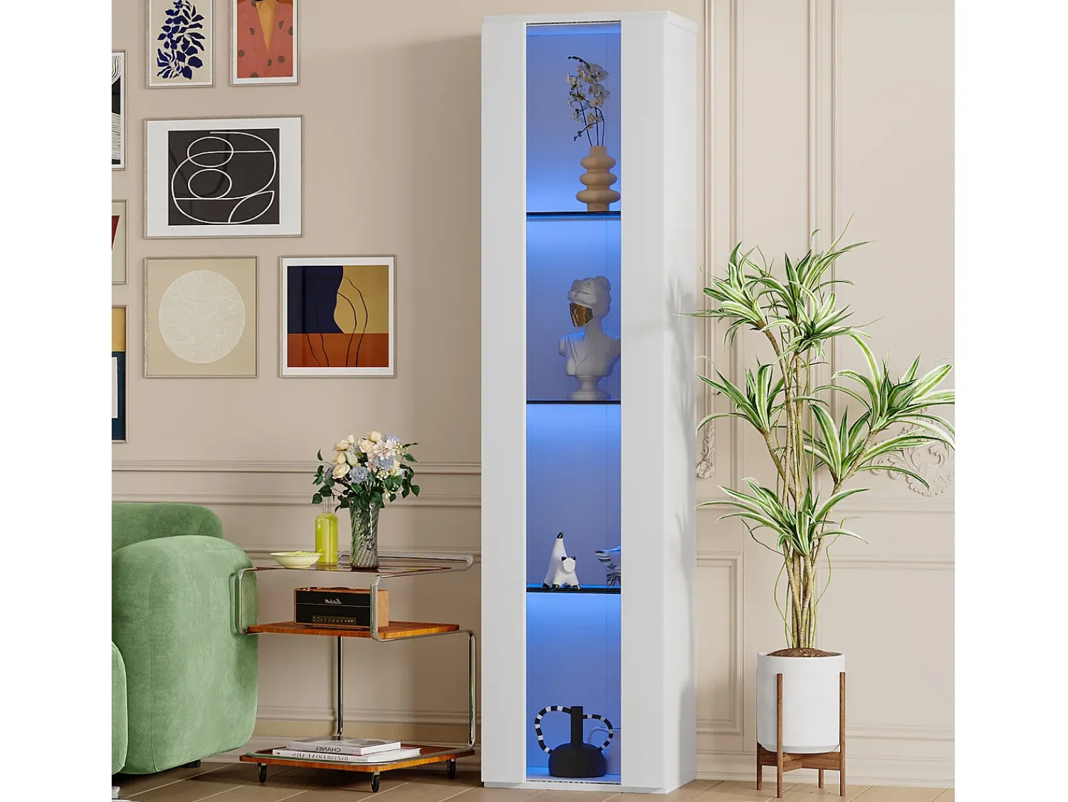 Merax Vitrine multifuncional - 40 x 29 x 170 cm - com porta de vidro + LEDs - PB + Vidro -^ Vitrina