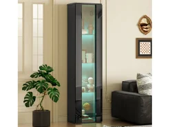 Clearance Merax Vitrine multifuncional - 40 x 29 x 170 cm - com porta de vidro + LEDs - PB + Vidro - Preto