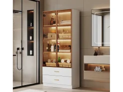 ModernLuxe Vitrine, móvel de banheiro com LED - 2 gavetas e 2 portas de vidro -^ Vitrina
