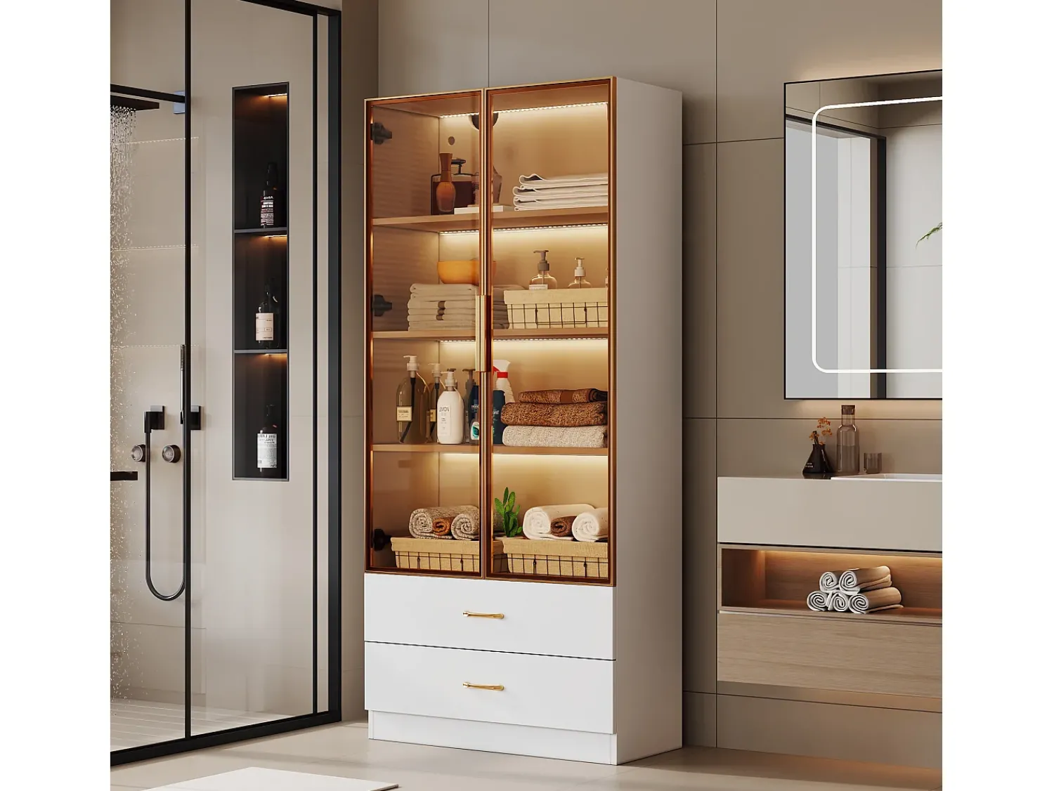 ModernLuxe Vitrine, móvel de banheiro com LED - 2 gavetas e 2 portas de vidro -^ Vitrina