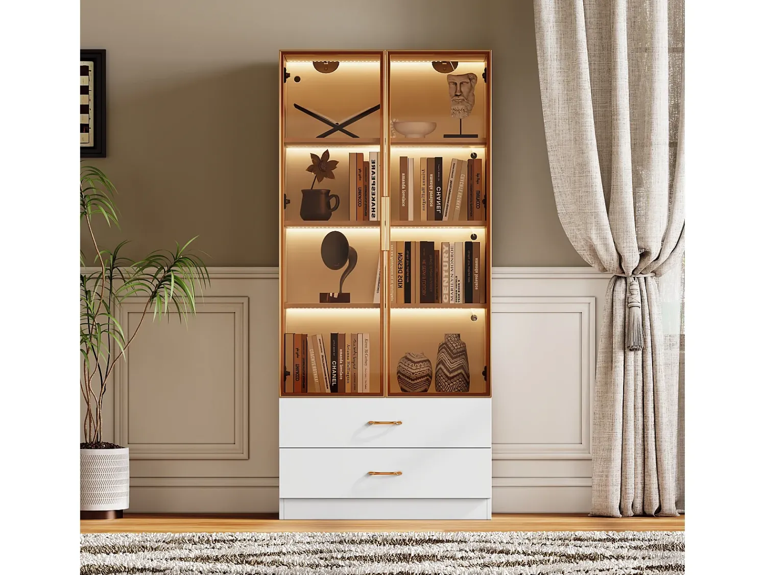 ModernLuxe Vitrine, móvel de banheiro com LED - 2 gavetas e 2 portas de vidro -^ Vitrina