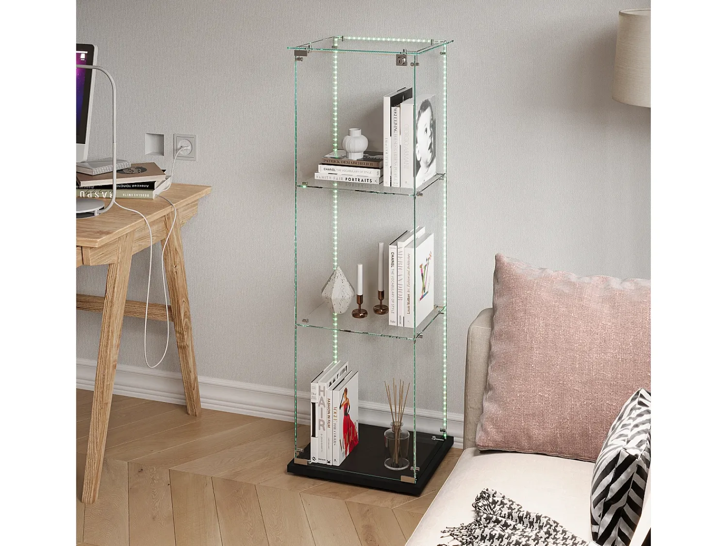 Vitrina| Vitrine única – 3 níveis, fundo , acabamento transparente Preto