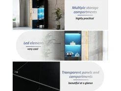 Discount Vitrine preta brilhante com iluminação LED - Armário alto para sala de estar - Armário de armazenamento - 45x35x160 cm Preto