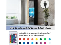Discount Vitrine preta brilhante com iluminação LED - Armário alto para sala de estar - Armário de armazenamento - 45x35x160 cm Preto