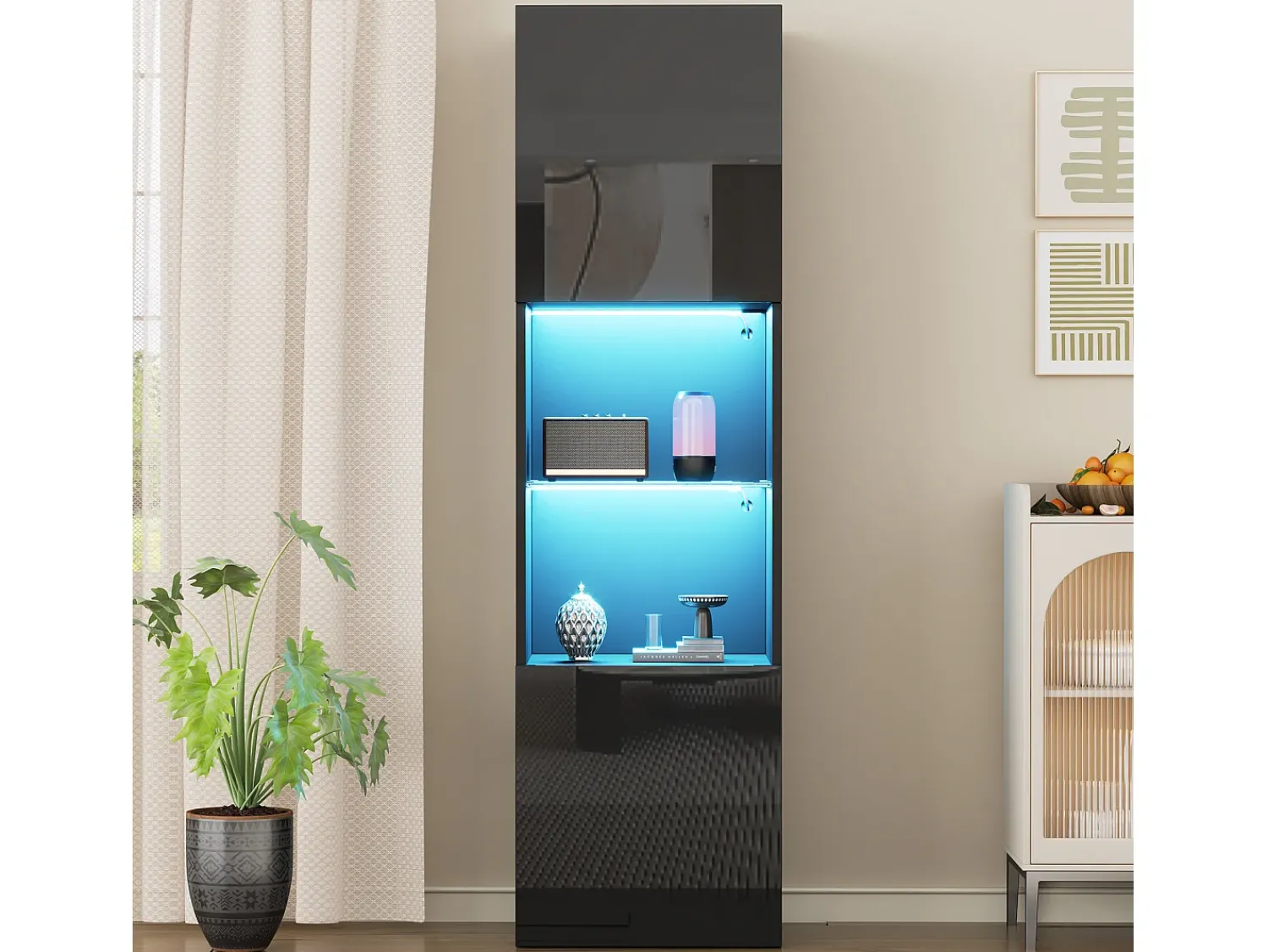 Vitrina* Vitrine preta brilhante com iluminação LED - Armário alto para sala de estar - Armário de armazenamento - 45x35x160 cm Preto
