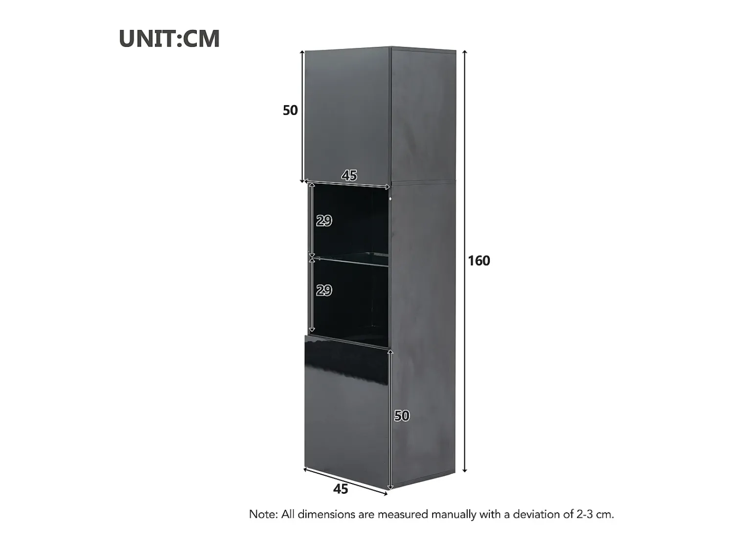 Vitrina* Vitrine preta brilhante com iluminação LED - Armário alto para sala de estar - Armário de armazenamento - 45x35x160 cm Preto