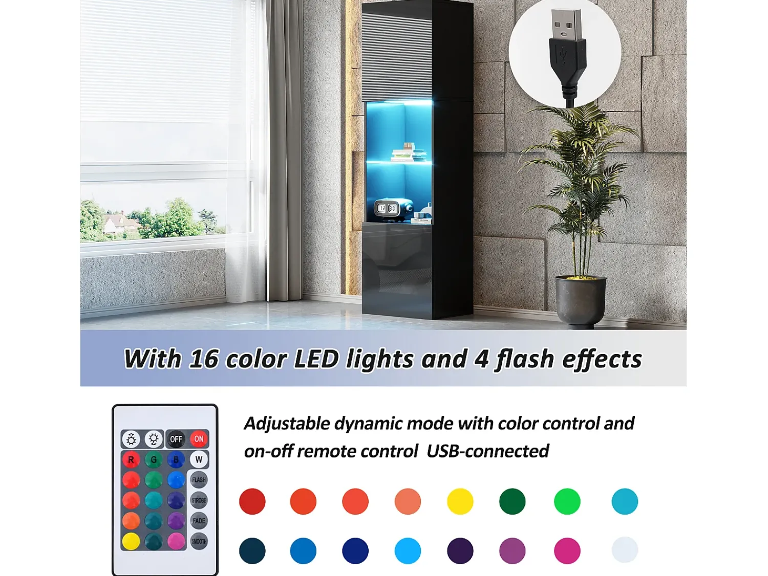 Vitrina* Vitrine preta brilhante com iluminação LED - Armário alto para sala de estar - Armário de armazenamento - 45x35x160 cm Preto