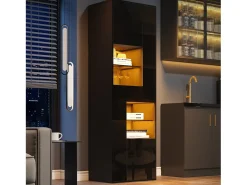 Vitrina*Hauss Spole Vitrine preta com 1 gaveta, 4 portas e iluminação LED, prateleiras em vidro, 55x38x170 cm Preto