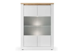 Sale Meublorama Vitrine SASHA – 2 portas envidraçadas +3 prateleiras com LED integrado – laqueado e Carvalho Cadiz Branco