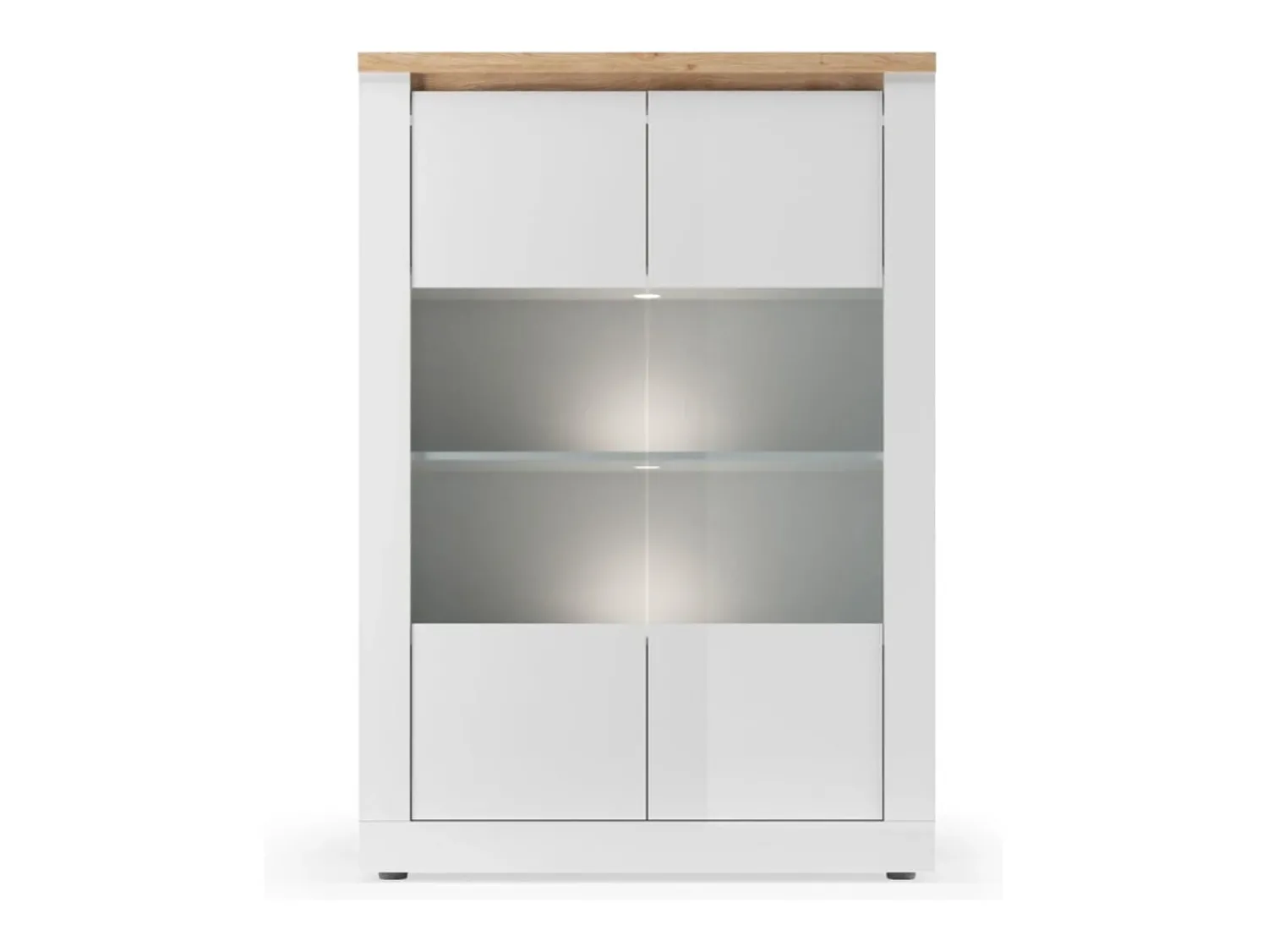 Sale Meublorama Vitrine SASHA – 2 portas envidraçadas +3 prateleiras com LED integrado – laqueado e Carvalho Cadiz Branco