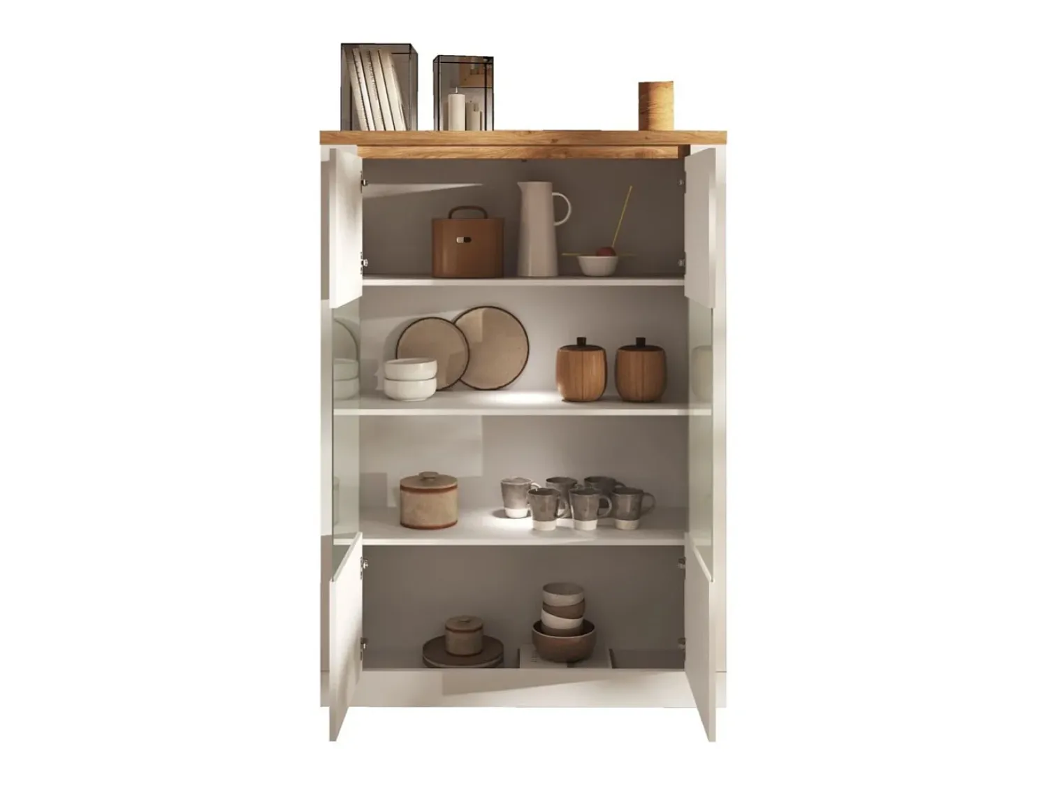Sale Meublorama Vitrine SASHA – 2 portas envidraçadas +3 prateleiras com LED integrado – laqueado e Carvalho Cadiz Branco