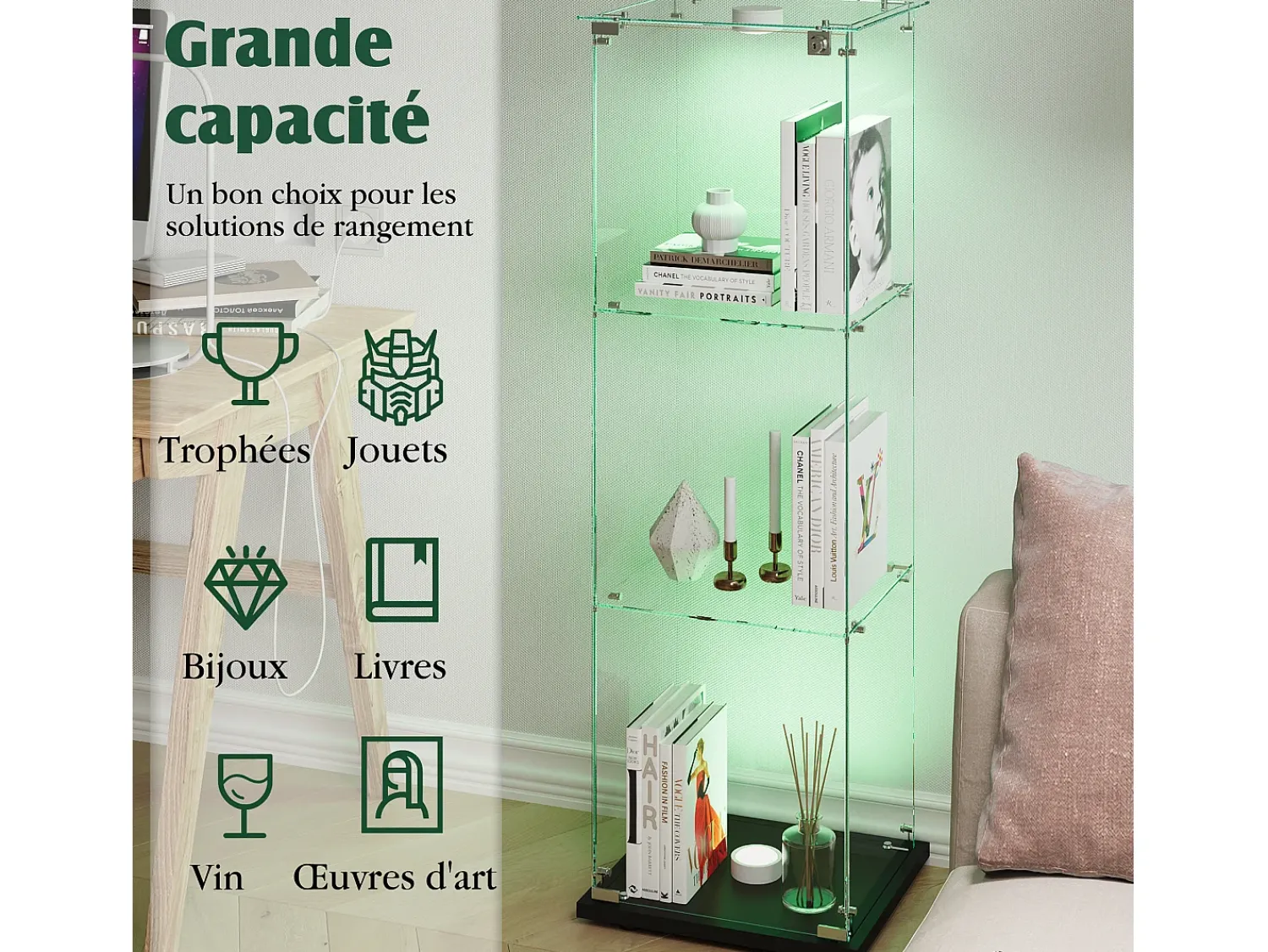 Vitrine simples aberta com três níveis + base preta com lacado incolor^ Vitrina