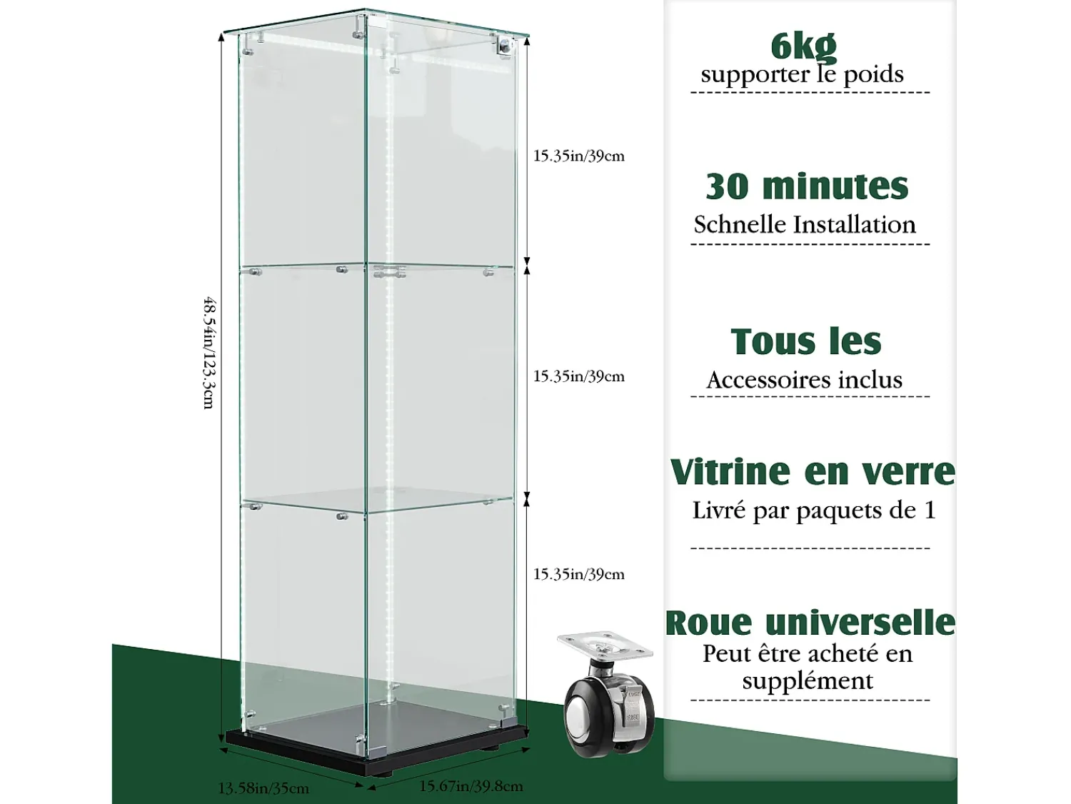 Vitrine simples aberta com três níveis + base preta com lacado incolor^ Vitrina
