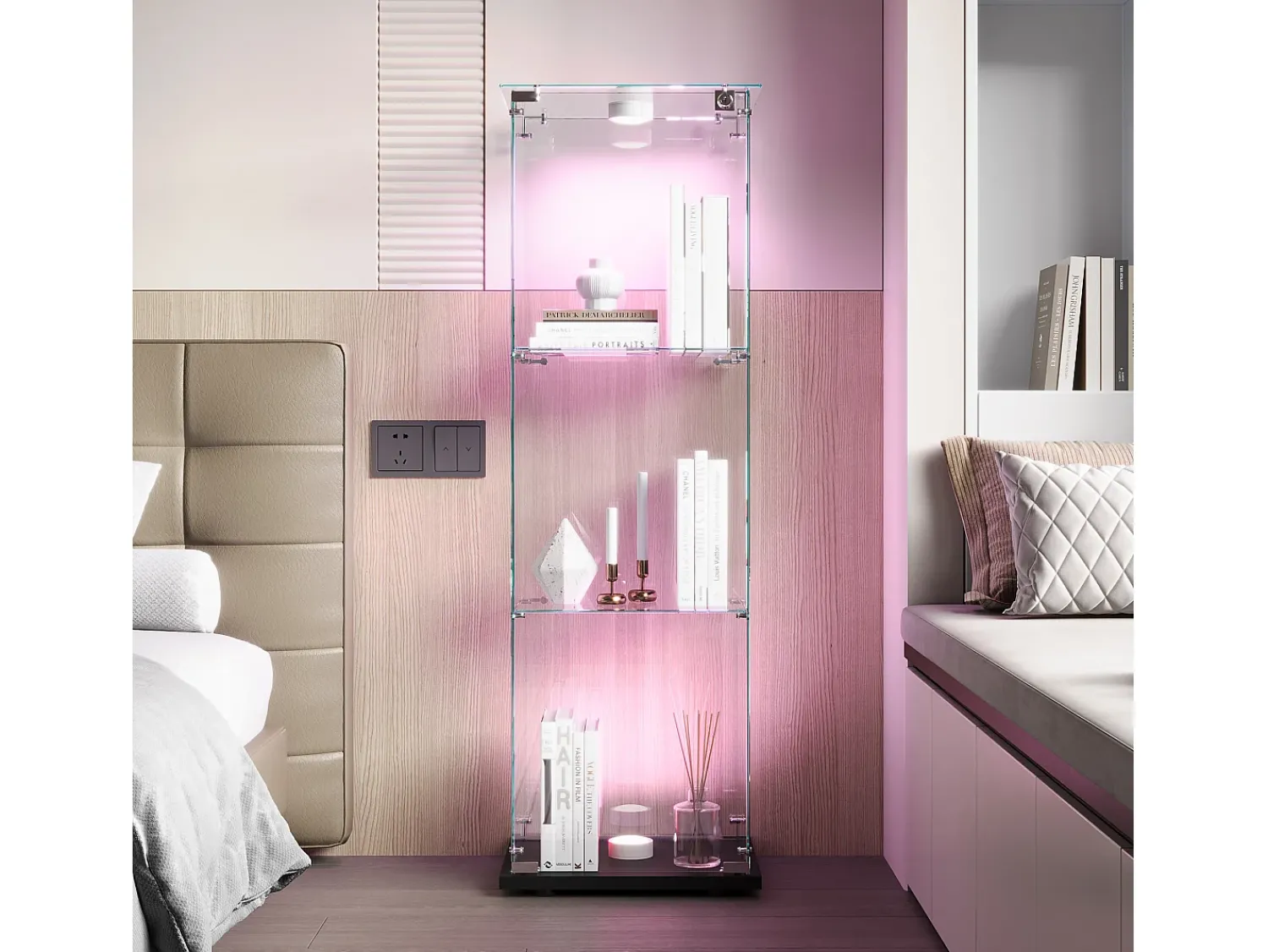 Vitrine simples aberta com três níveis + base preta com lacado incolor^ Vitrina