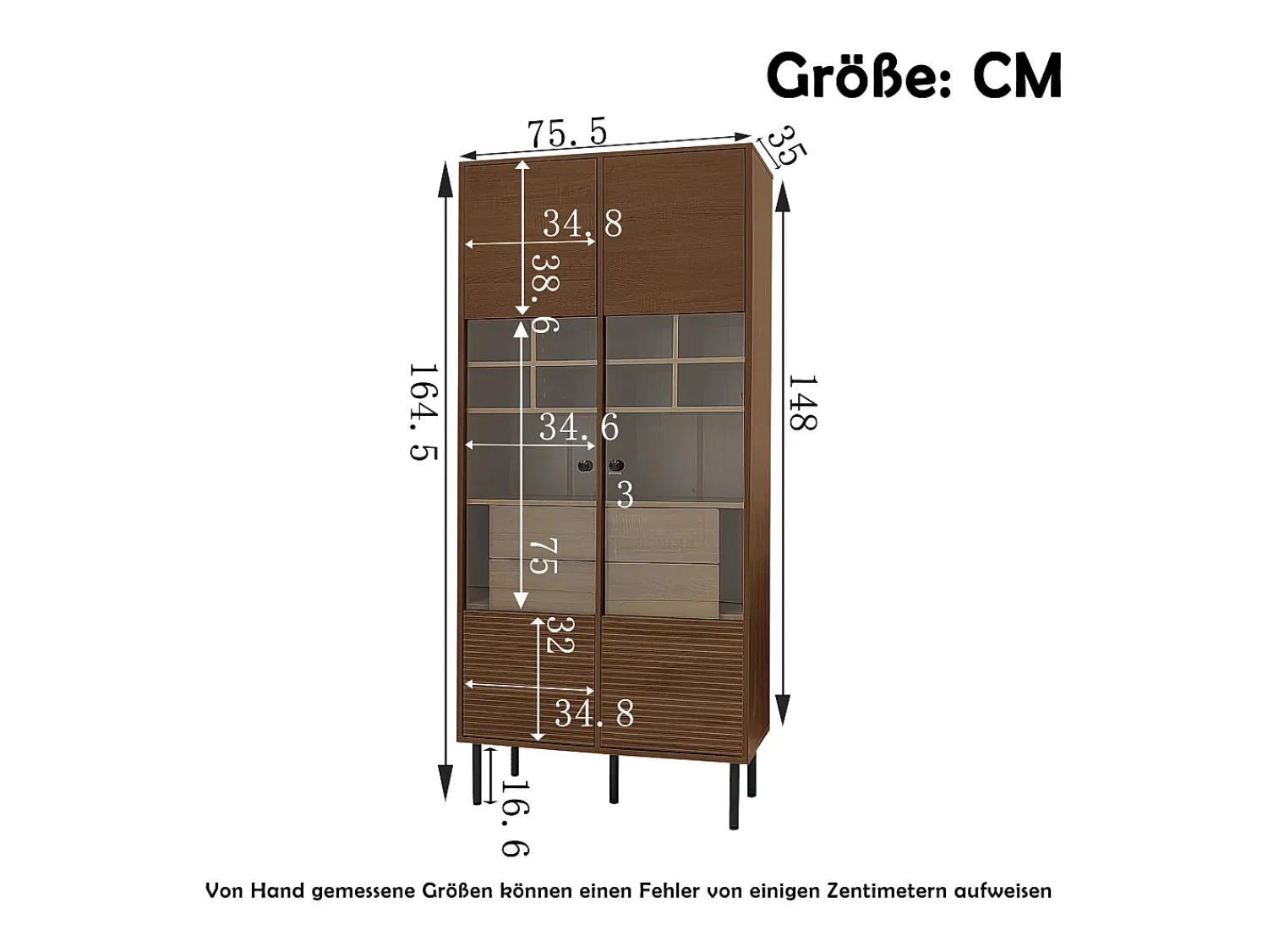 ModernLuxe Vitrine 75x35x164.5 cm - 2 portas - Painel de vidro + prateleira multicamadas + gaveta oculta - Nogueira^ Vitrina
