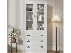 ModernLuxe Vitrine 80x34x171 cm - com 2 portas de vidro - 3 gavetas - cinza + natural^ Vitrina