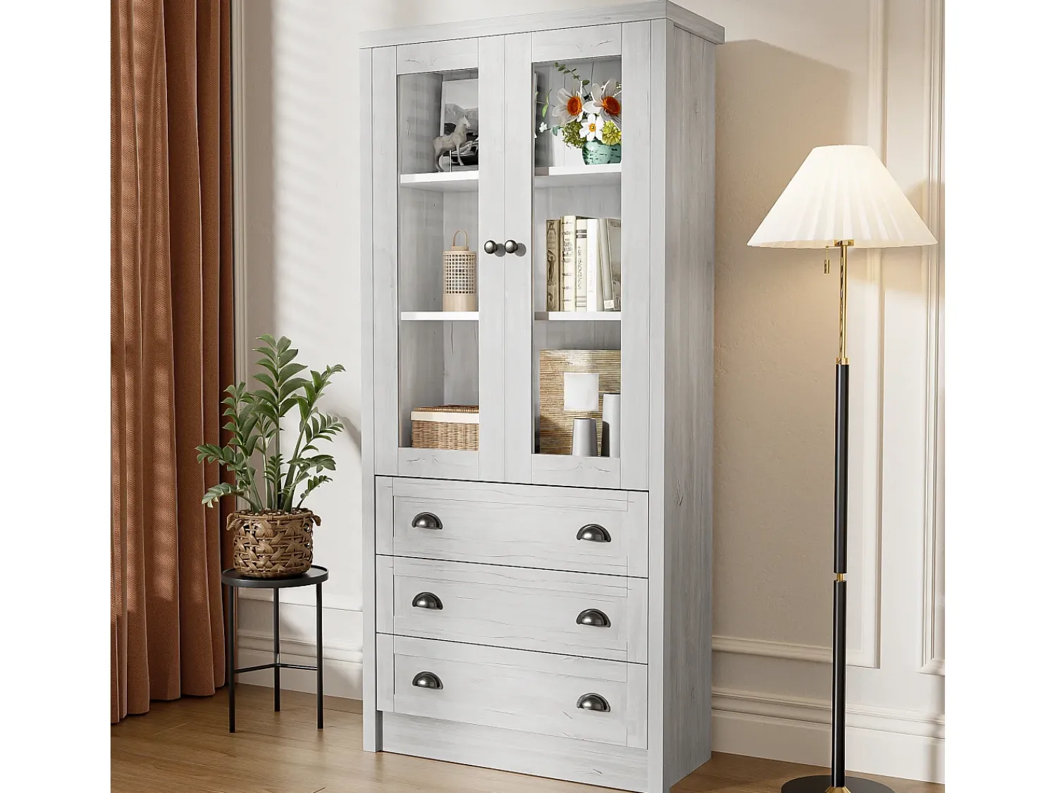 ModernLuxe Vitrine 80x34x171 cm - com 2 portas de vidro - 3 gavetas - cinza + natural^ Vitrina