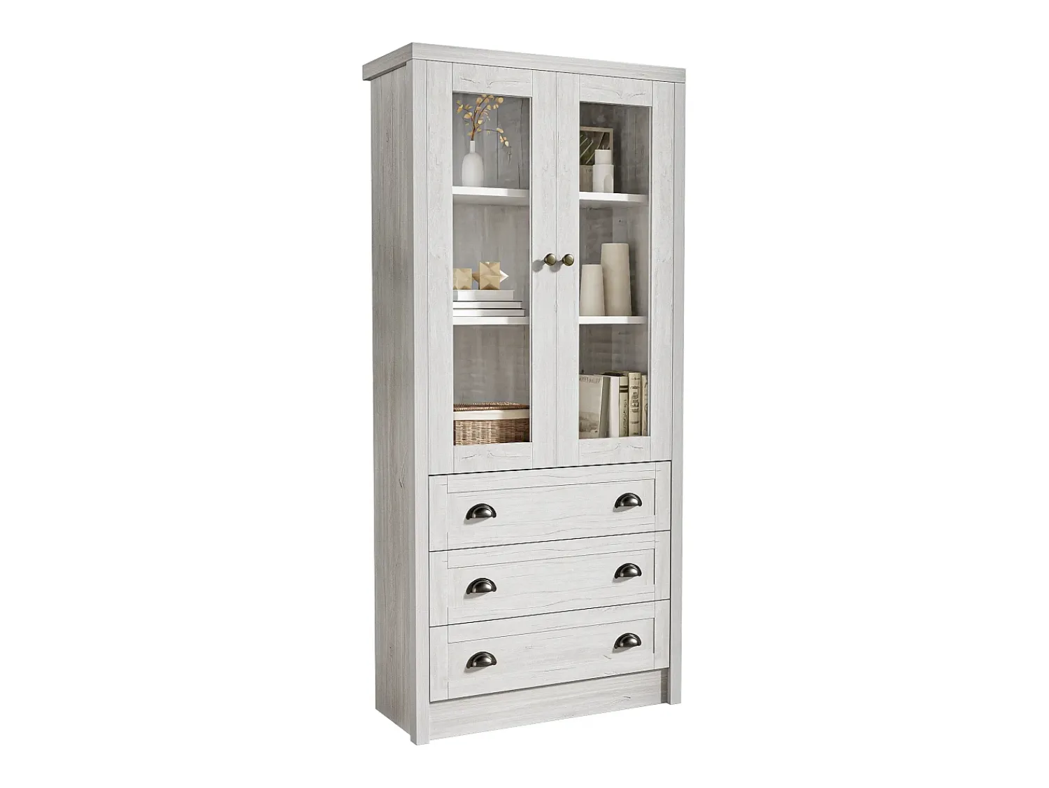 ModernLuxe Vitrine 80x34x171 cm - com 2 portas de vidro - 3 gavetas - cinza + natural^ Vitrina