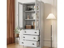 ModernLuxe Vitrine 80x34x171 cm - com 2 portas de vidro - 3 gavetas - cinza + natural^ Vitrina