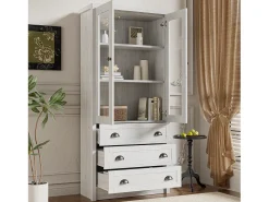 ModernLuxe Vitrine 80x34x171 cm - com 2 portas de vidro - 3 gavetas - cinza + natural^ Vitrina