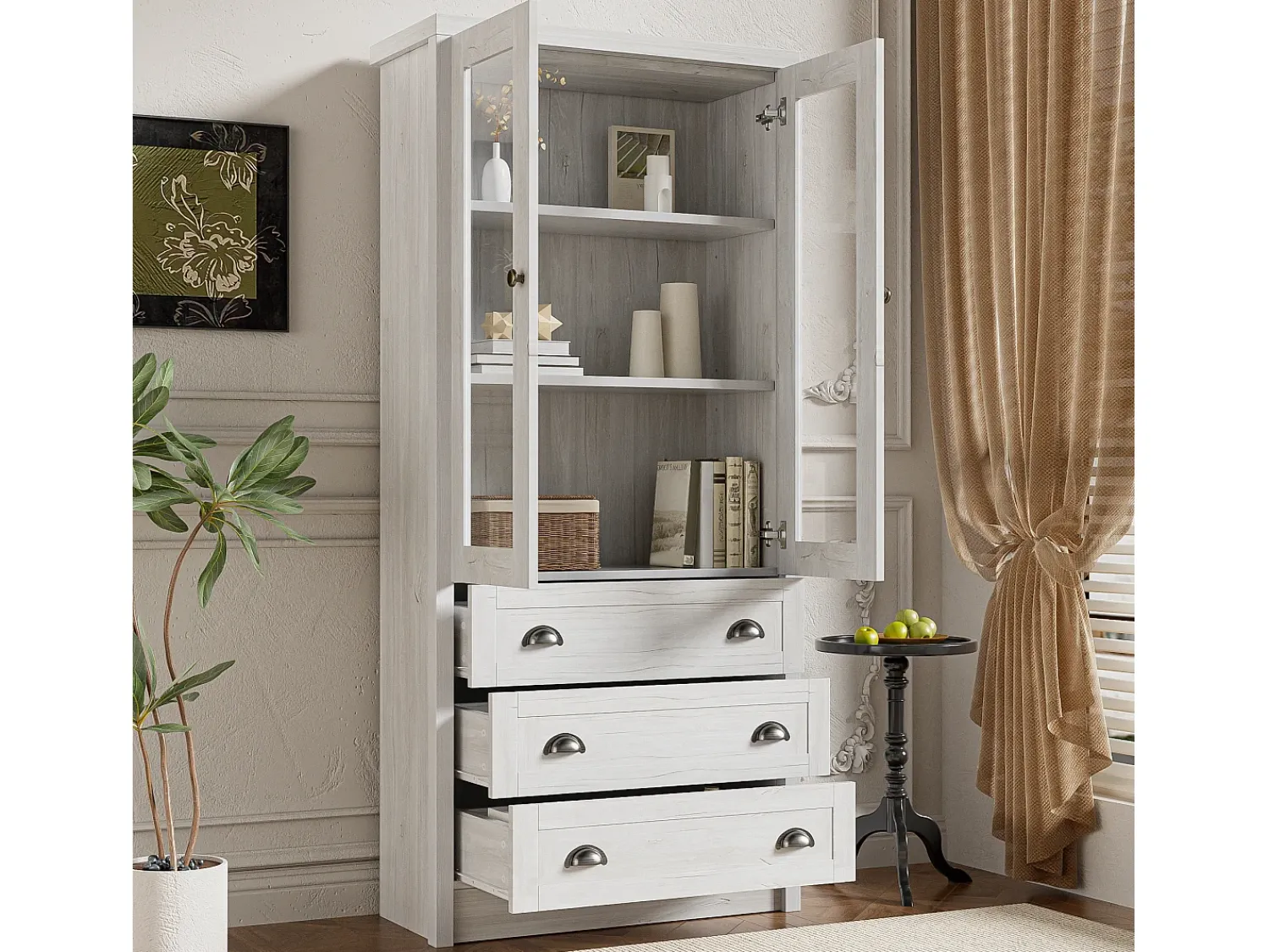 ModernLuxe Vitrine 80x34x171 cm - com 2 portas de vidro - 3 gavetas - cinza + natural^ Vitrina