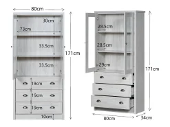 ModernLuxe Vitrine 80x34x171 cm - com 2 portas de vidro - 3 gavetas - cinza + natural^ Vitrina