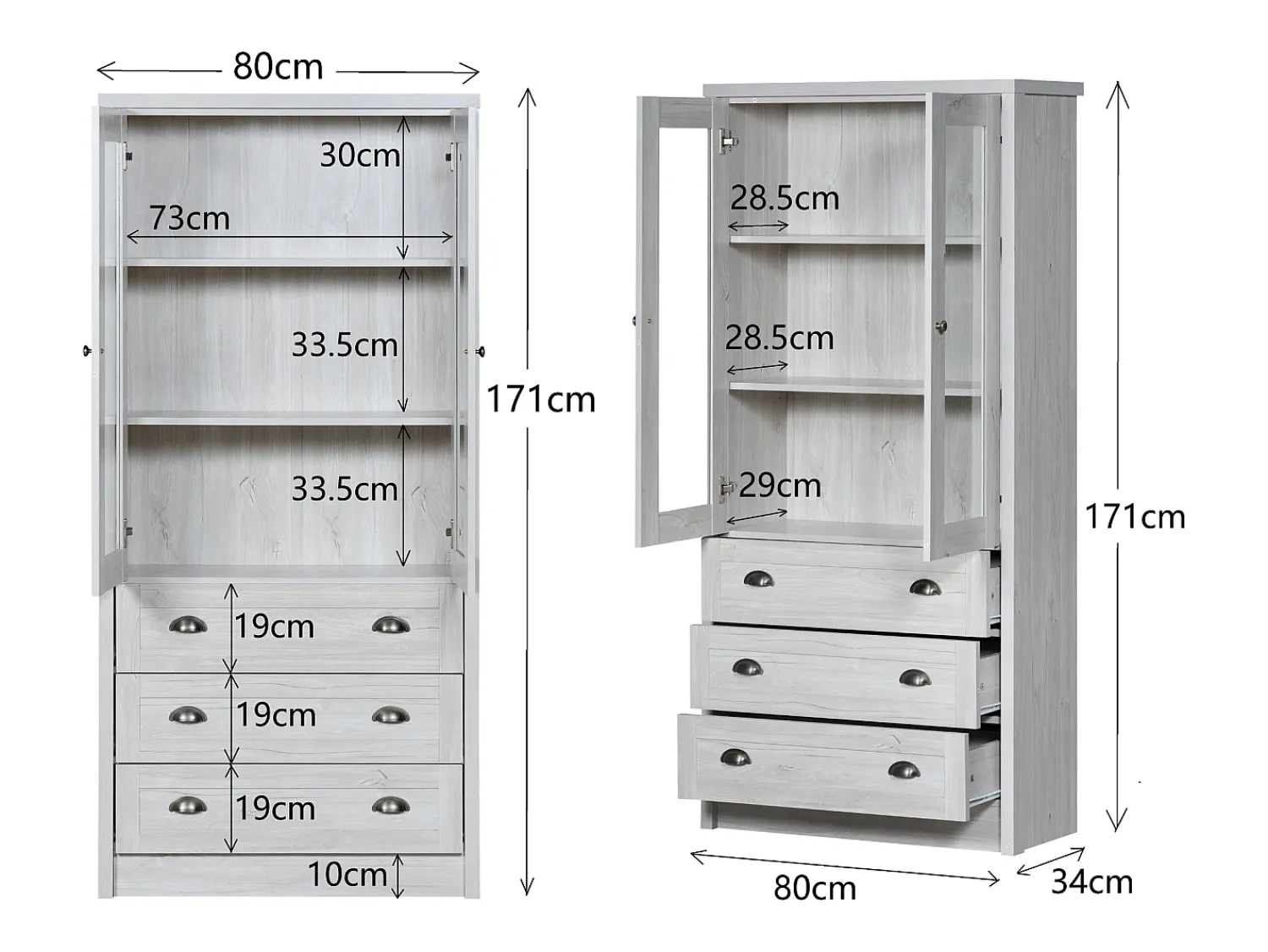 ModernLuxe Vitrine 80x34x171 cm - com 2 portas de vidro - 3 gavetas - cinza + natural^ Vitrina