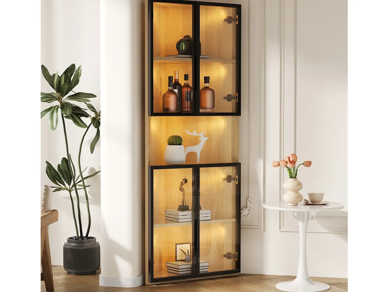 Vitrina*ModernLuxe Vitrine 62x32x160 cm - con iluminação LED - 4 portas de vidro temperado - acabamento carvalho - MDF - Natural Natural claro