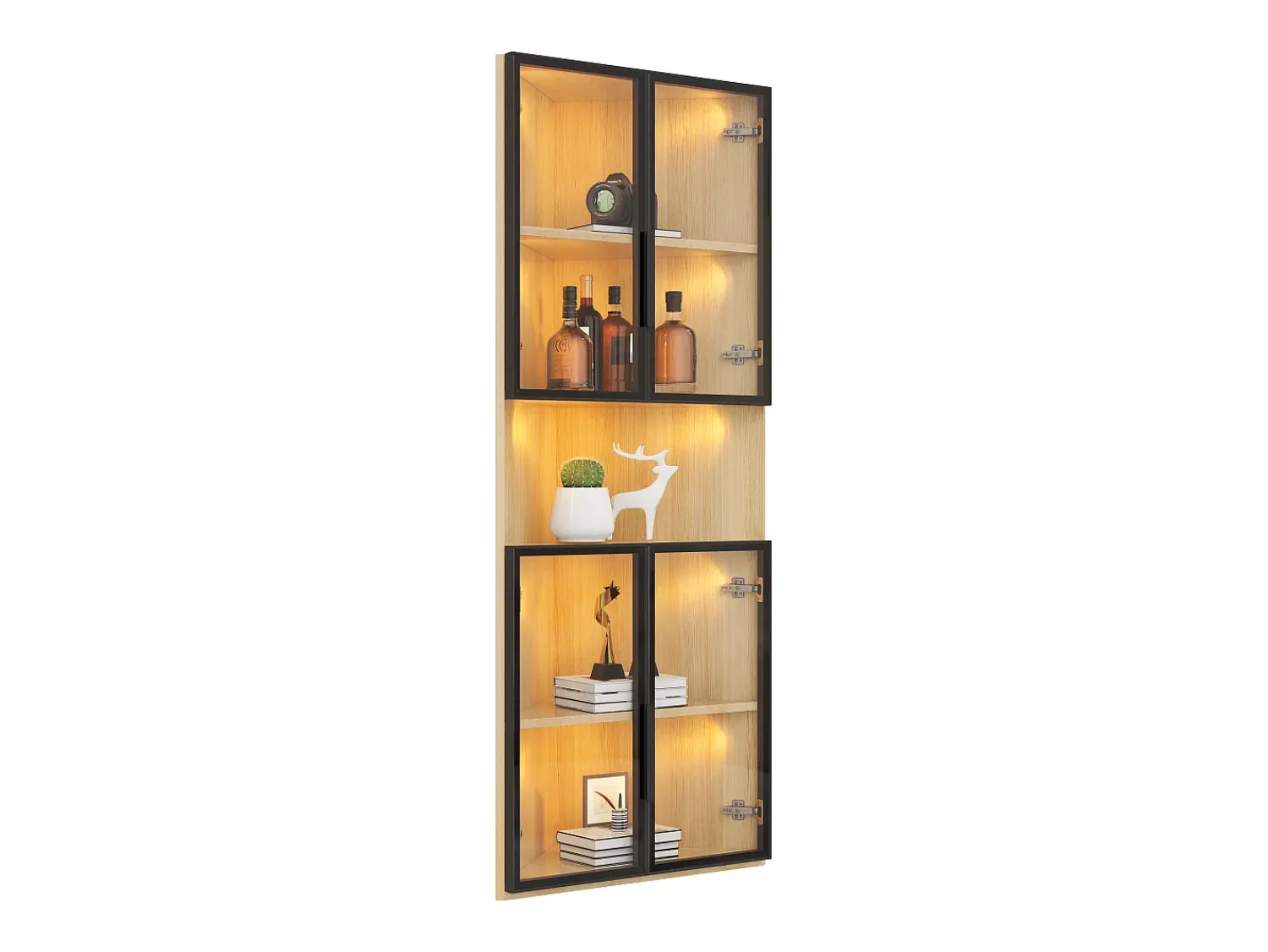 Vitrina*ModernLuxe Vitrine 62x32x160 cm - con iluminação LED - 4 portas de vidro temperado - acabamento carvalho - MDF - Natural Natural claro