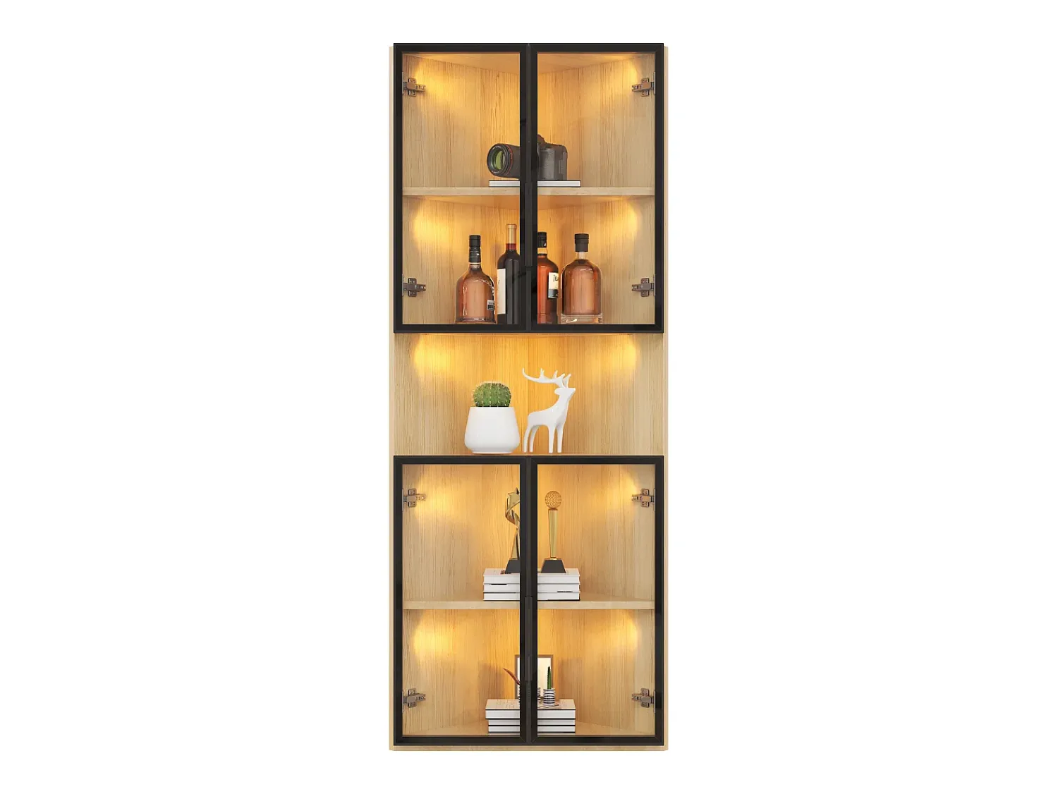 Vitrina*ModernLuxe Vitrine 62x32x160 cm - con iluminação LED - 4 portas de vidro temperado - acabamento carvalho - MDF - Natural Natural claro