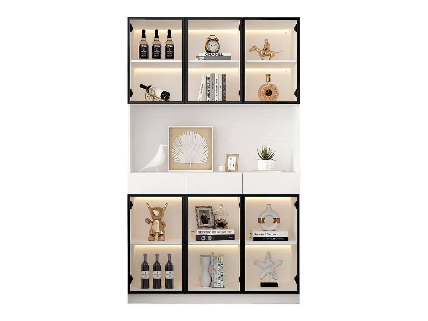 ModernLuxe Vitrine 240x36x200 cm com LED - 12 portas de vidro e 6 gavetas -^ Vitrina