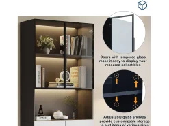 Vitrina|ModernLuxe Vitrine 80x30x200 cm com LED - 4 portas (2 portas de vidro) - Branco e Preto Preto / Branco