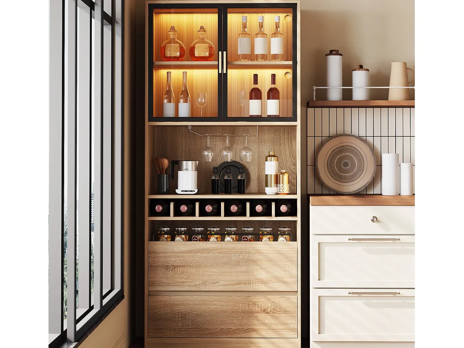 Vitrina*ModernLuxe Vitrine 80x40x180 cm com LED - 2 portas e 2 gavetas - prateleiras abertas - Natural Natural claro