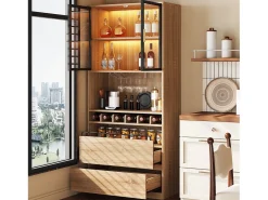 Vitrina*ModernLuxe Vitrine 80x40x180 cm com LED - 2 portas e 2 gavetas - prateleiras abertas - Natural Natural claro