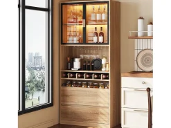 Vitrina*ModernLuxe Vitrine 80x40x180 cm com LED - 2 portas e 2 gavetas - prateleiras abertas - Natural Natural claro