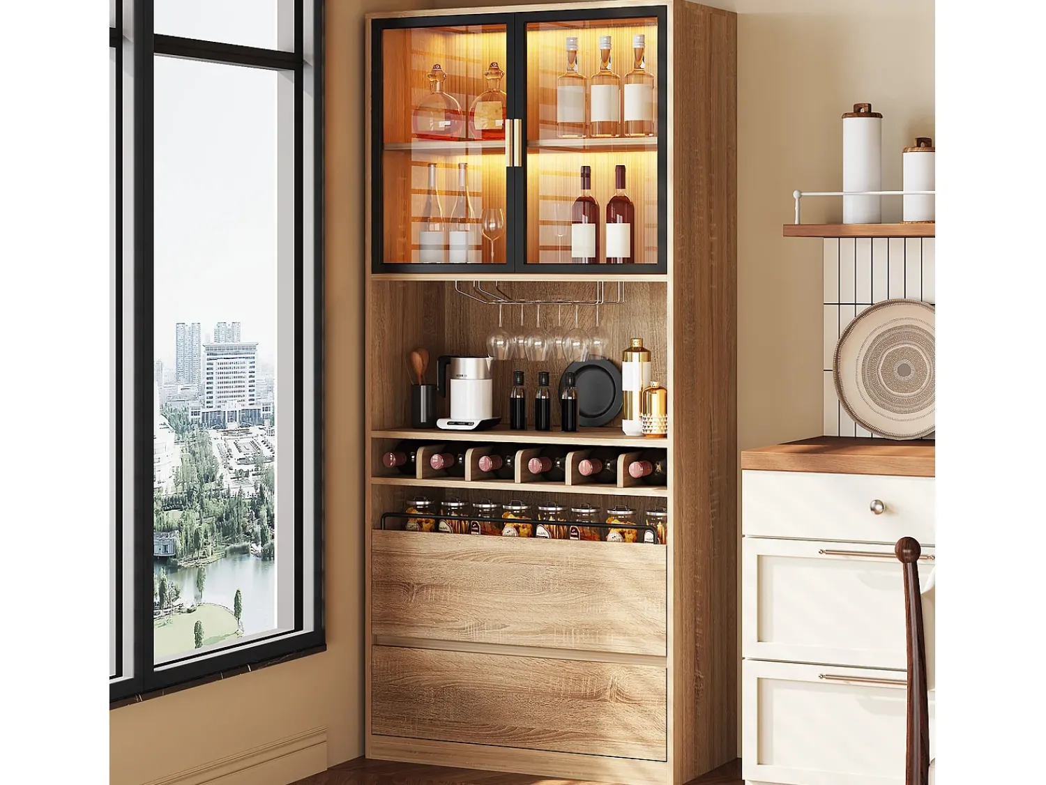 Vitrina*ModernLuxe Vitrine 80x40x180 cm com LED - 2 portas e 2 gavetas - prateleiras abertas - Natural Natural claro