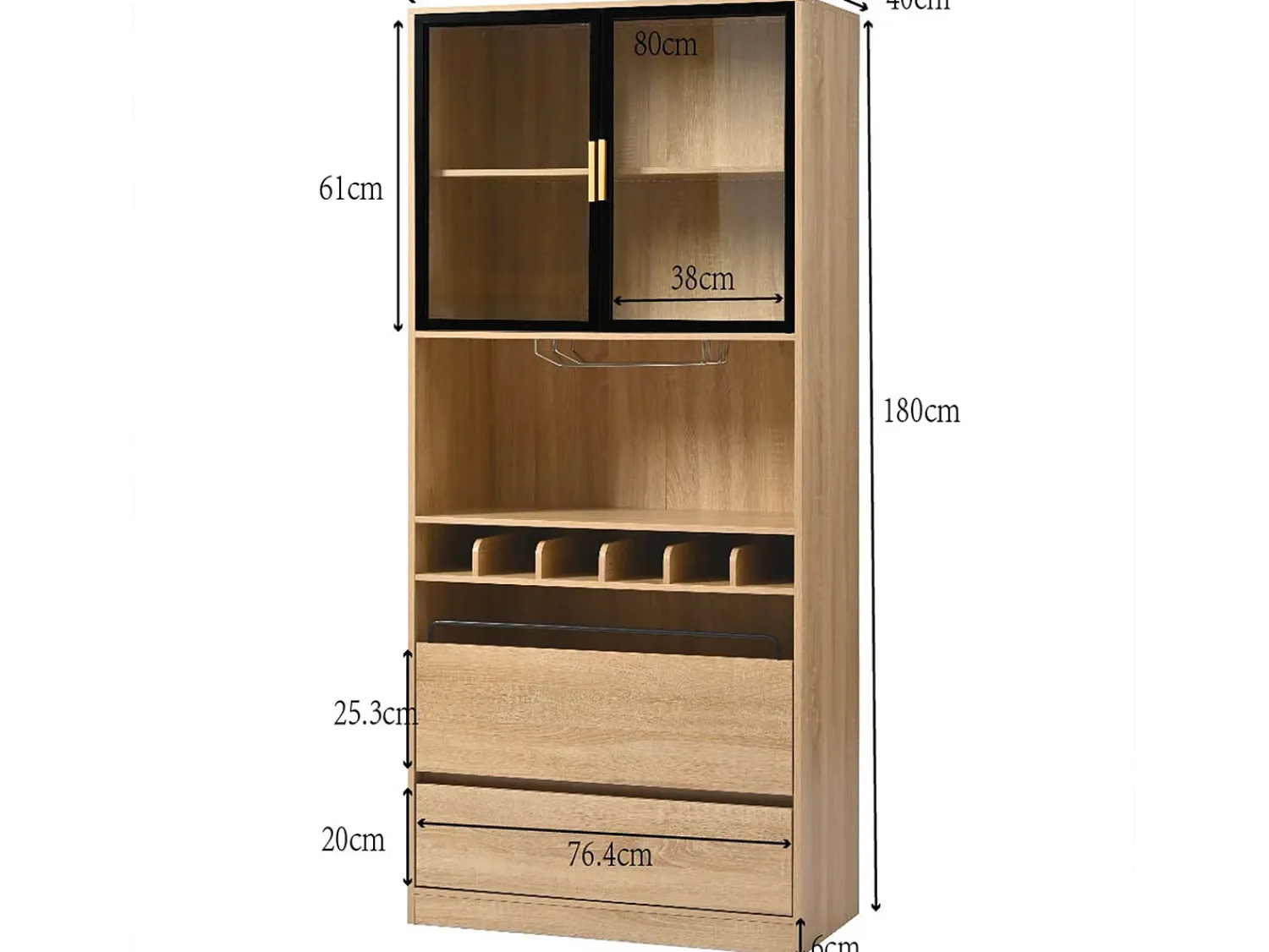 Vitrina*ModernLuxe Vitrine 80x40x180 cm com LED - 2 portas e 2 gavetas - prateleiras abertas - Natural Natural claro