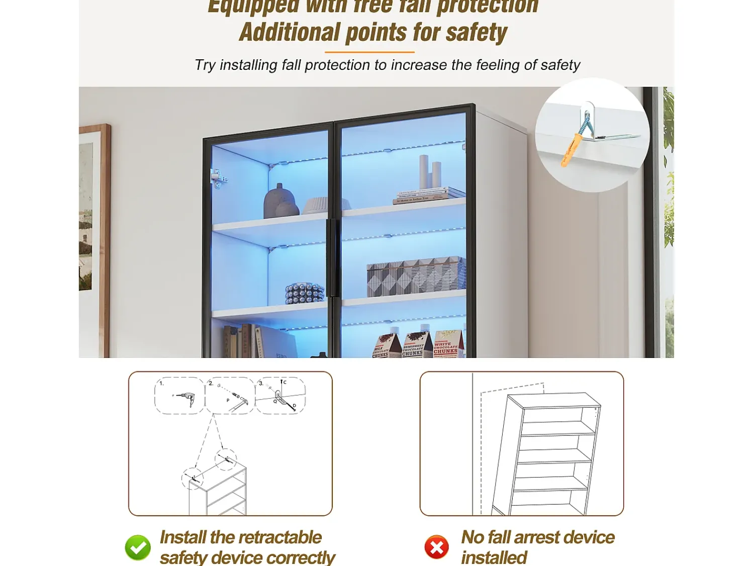 Online ModernLuxe Vitrine 70x30x200cm - com 1 gaveta e 4 portas - com iluminação LED - painéis de partículas - Branco
