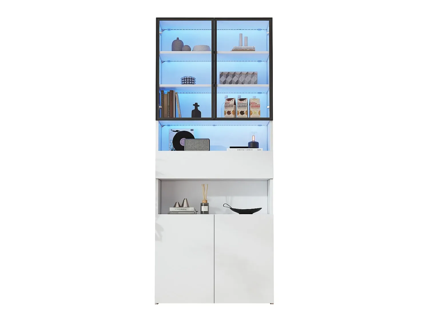 Online ModernLuxe Vitrine 70x30x200cm - com 1 gaveta e 4 portas - com iluminação LED - painéis de partículas - Branco