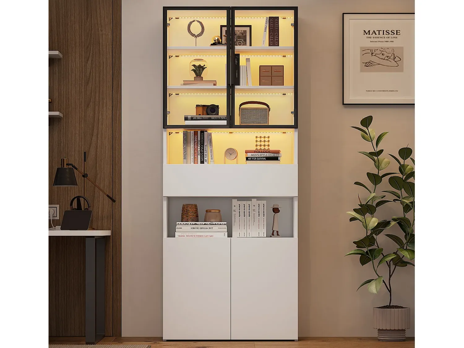 Online ModernLuxe Vitrine 70x30x200cm - com 1 gaveta e 4 portas - com iluminação LED - painéis de partículas - Branco