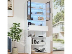 Online ModernLuxe Vitrine 70x30x200cm - com 1 gaveta e 4 portas - com iluminação LED - painéis de partículas - Branco