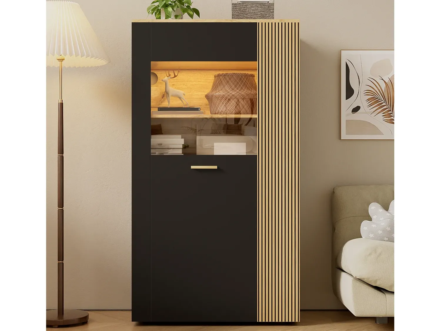 Vitrina|ModernLuxe Vitrine 80x40x146cm - com iluminação LED - com 1 porta - Prateleiras ajustáveis - Painéis de partículas - Preto + natural Preto / Natural claro
