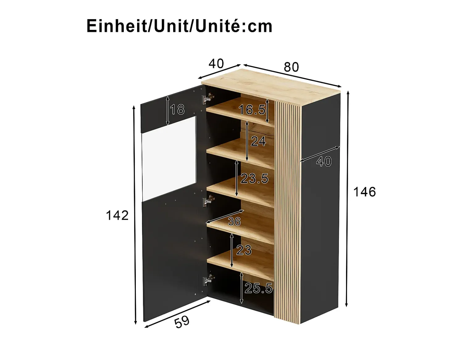 Vitrina|ModernLuxe Vitrine 80x40x146cm - com iluminação LED - com 1 porta - Prateleiras ajustáveis - Painéis de partículas - Preto + natural Preto / Natural claro