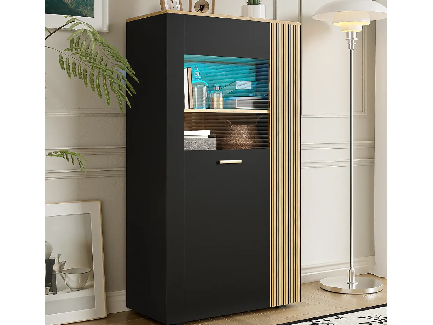 Vitrina|ModernLuxe Vitrine 80x40x146cm - com iluminação LED - com 1 porta - Prateleiras ajustáveis - Painéis de partículas - Preto + natural Preto / Natural claro