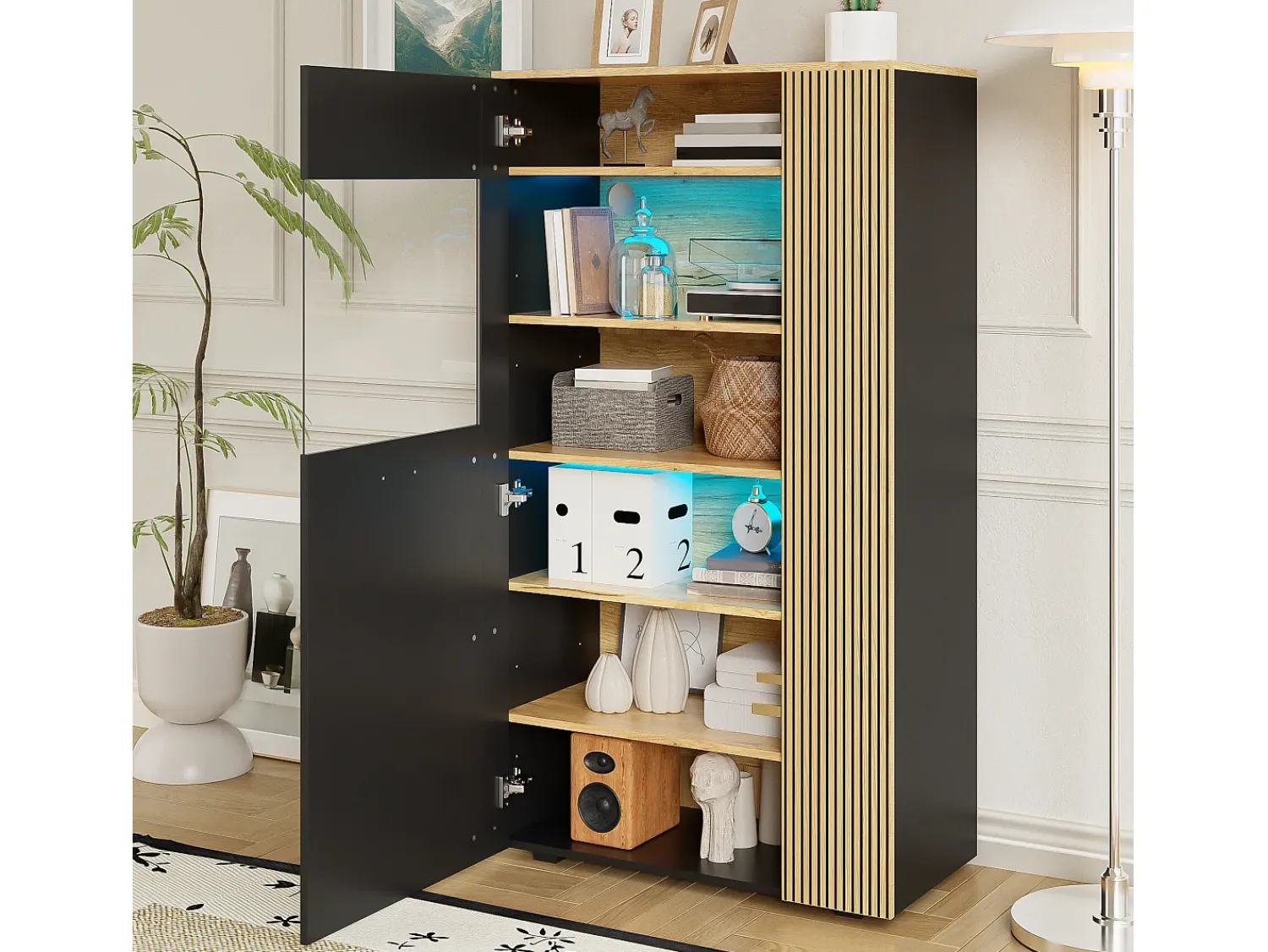 Vitrina|ModernLuxe Vitrine 80x40x146cm - com iluminação LED - com 1 porta - Prateleiras ajustáveis - Painéis de partículas - Preto + natural Preto / Natural claro