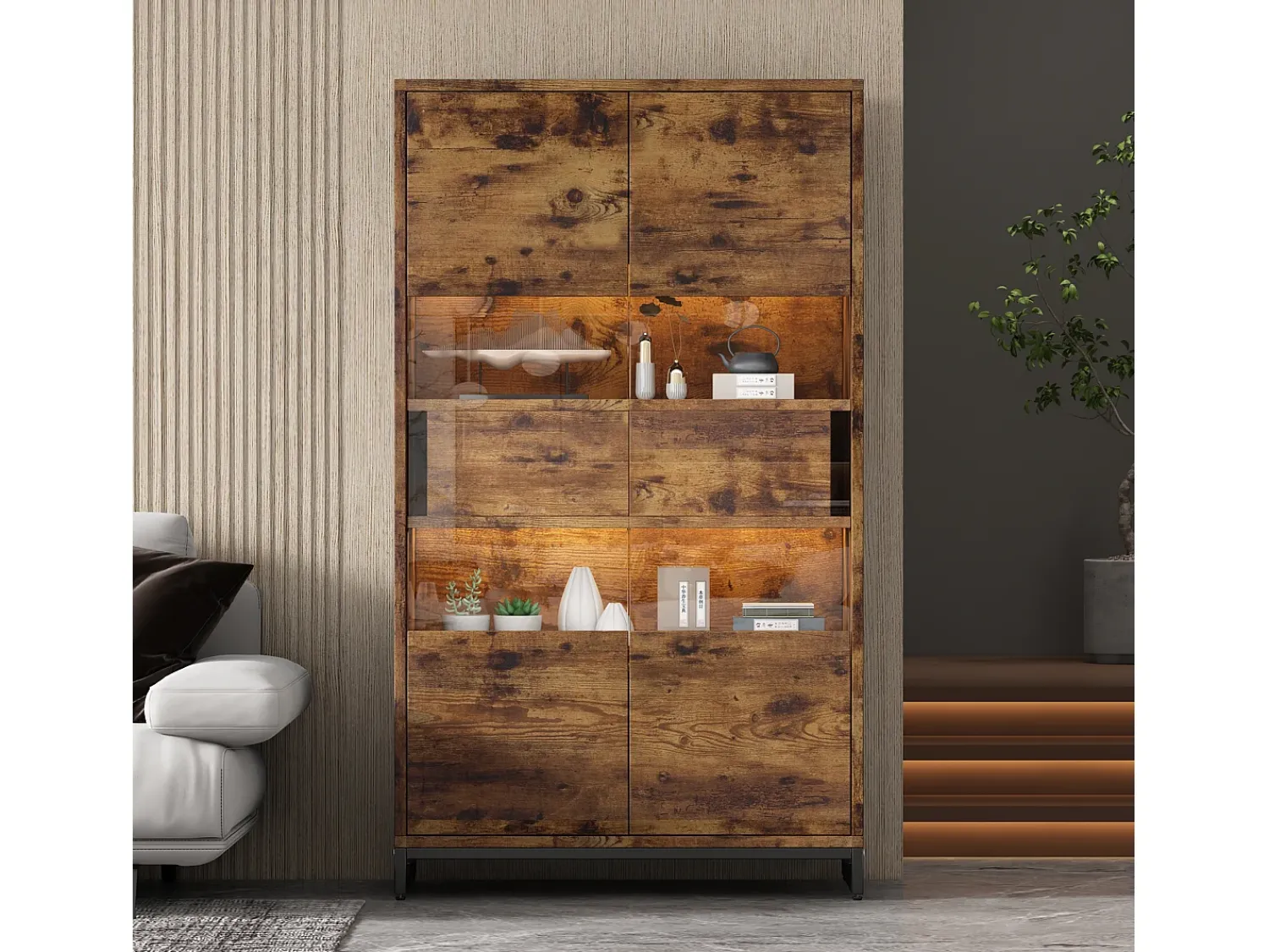 ModernLuxe Vitrine 80x40x138cm - com iluminação LED - com 2 gavetas e 2 portas - com painel acrílico - marrom^ Vitrina