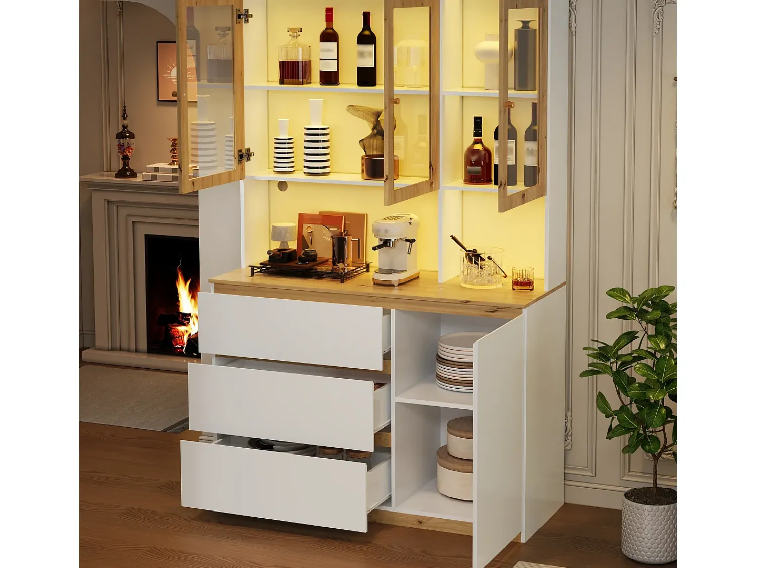 ModernLuxe Vitrine/armário alto con iluminação LED - 200 cm de altura - 4 portas e 3 gavetas - Branco e natural^ Vitrina