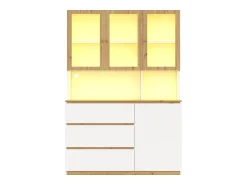 ModernLuxe Vitrine/armário alto con iluminação LED - 200 cm de altura - 4 portas e 3 gavetas - Branco e natural^ Vitrina